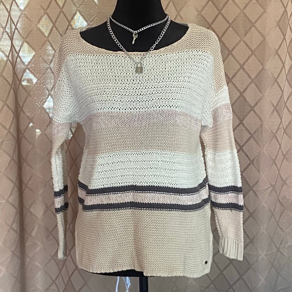 American Eagle Neutral Striped Chunky Knit Slouchy Boho Sweater Small + Necklace